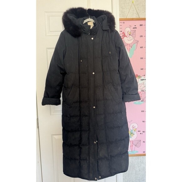 Vintage Anne Klein Womens Long Parka Puffer Down Fox Trim Black Size XL Hooded - Picture 1 of 13